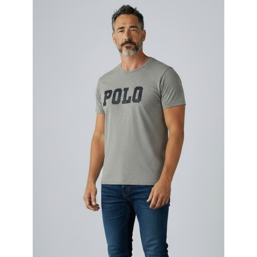Polo Ralph Lauren Mens M T-Shirt Gray Navy Blue Spell Out Graphic Tee